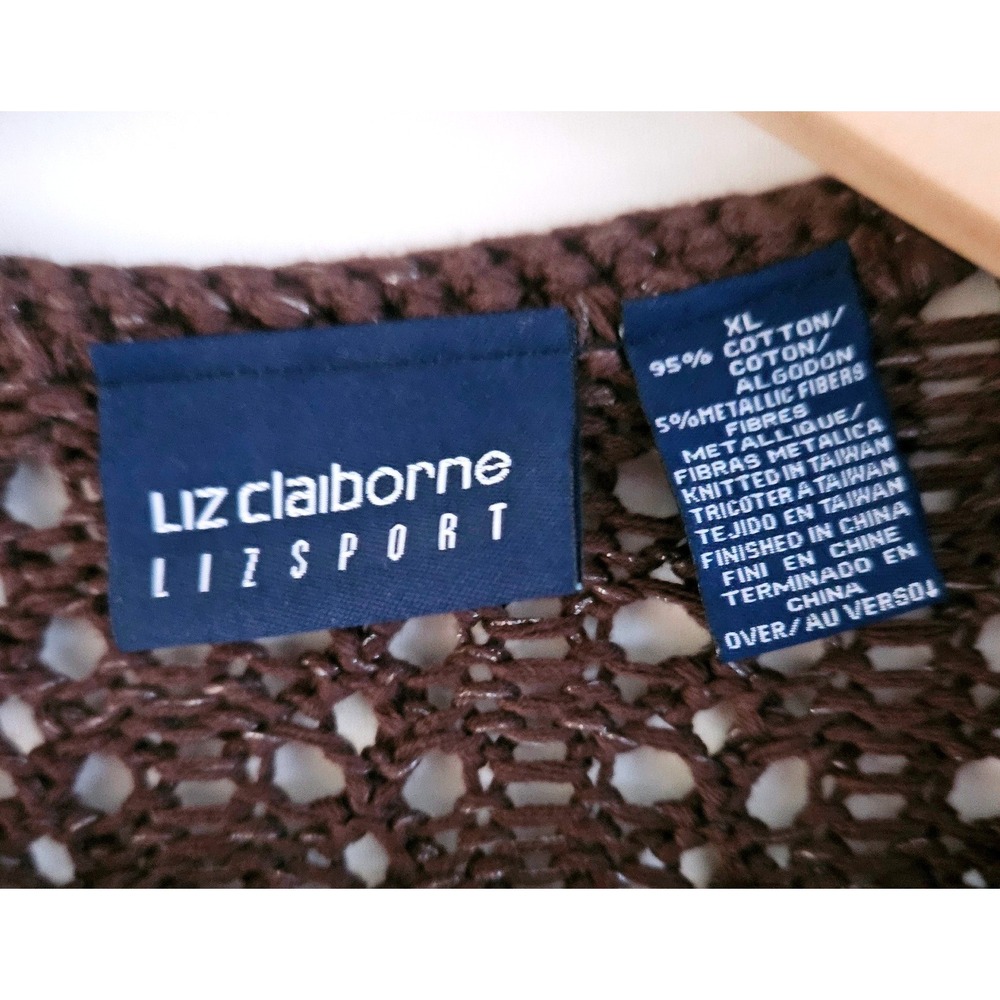 Liz Claiborne Cardigan Women XL Brown NEW Open Knit Crochet Short Sleeve Sweater - Picture 3 of 6